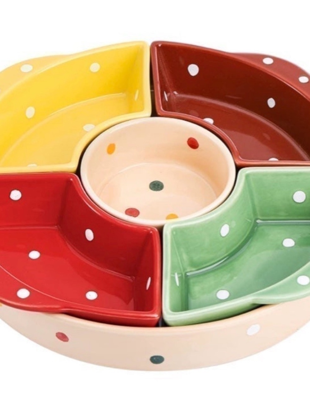 Multi-Color Polka Dot Ceramic Snack Server - Green, Red, Yellow
